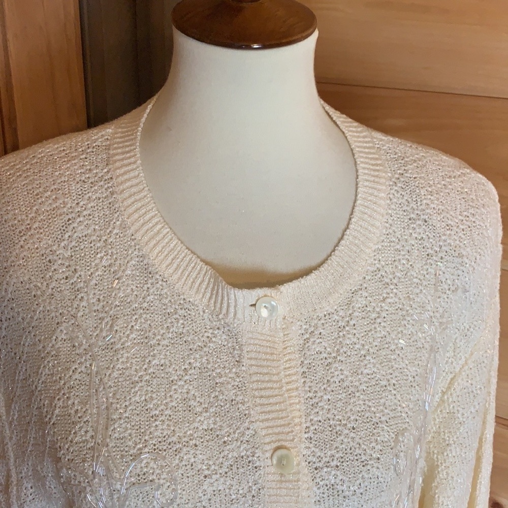 Vintage Alfred Dunner cream cardigan sweater with beads and tiny pearls Large - Picture 5 of 11